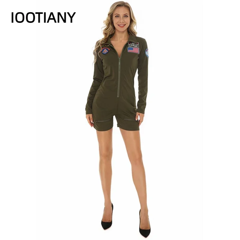 CosplayTop Gun Cosplay American Airforce Aviator Uniform Halloween Costumes For Women Adult Army Green Military Pilot Jumpsuit