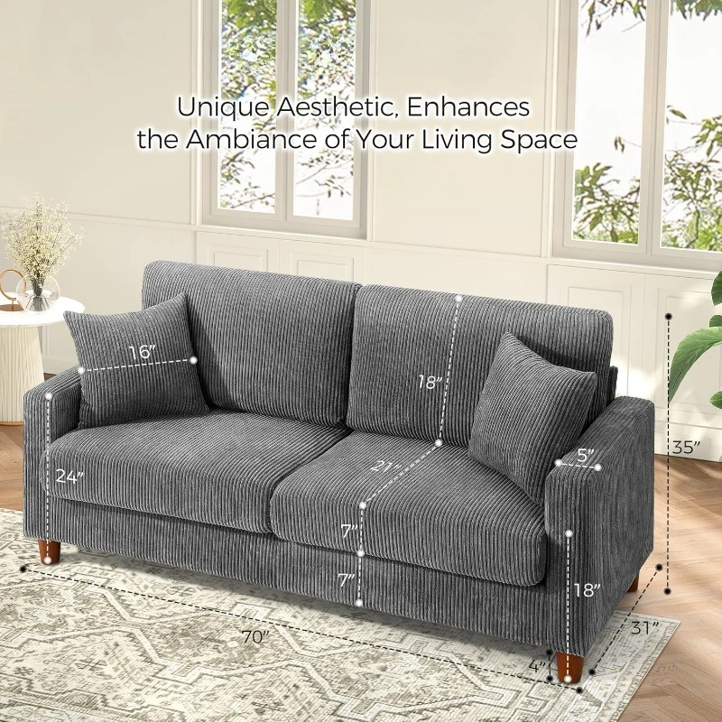 70in Grey Sofa, Couches for Living Room 21in Extra Deep Seats, Modern Oversized Love Seat with 2 Pillows, Sofa Couch for Bedroom