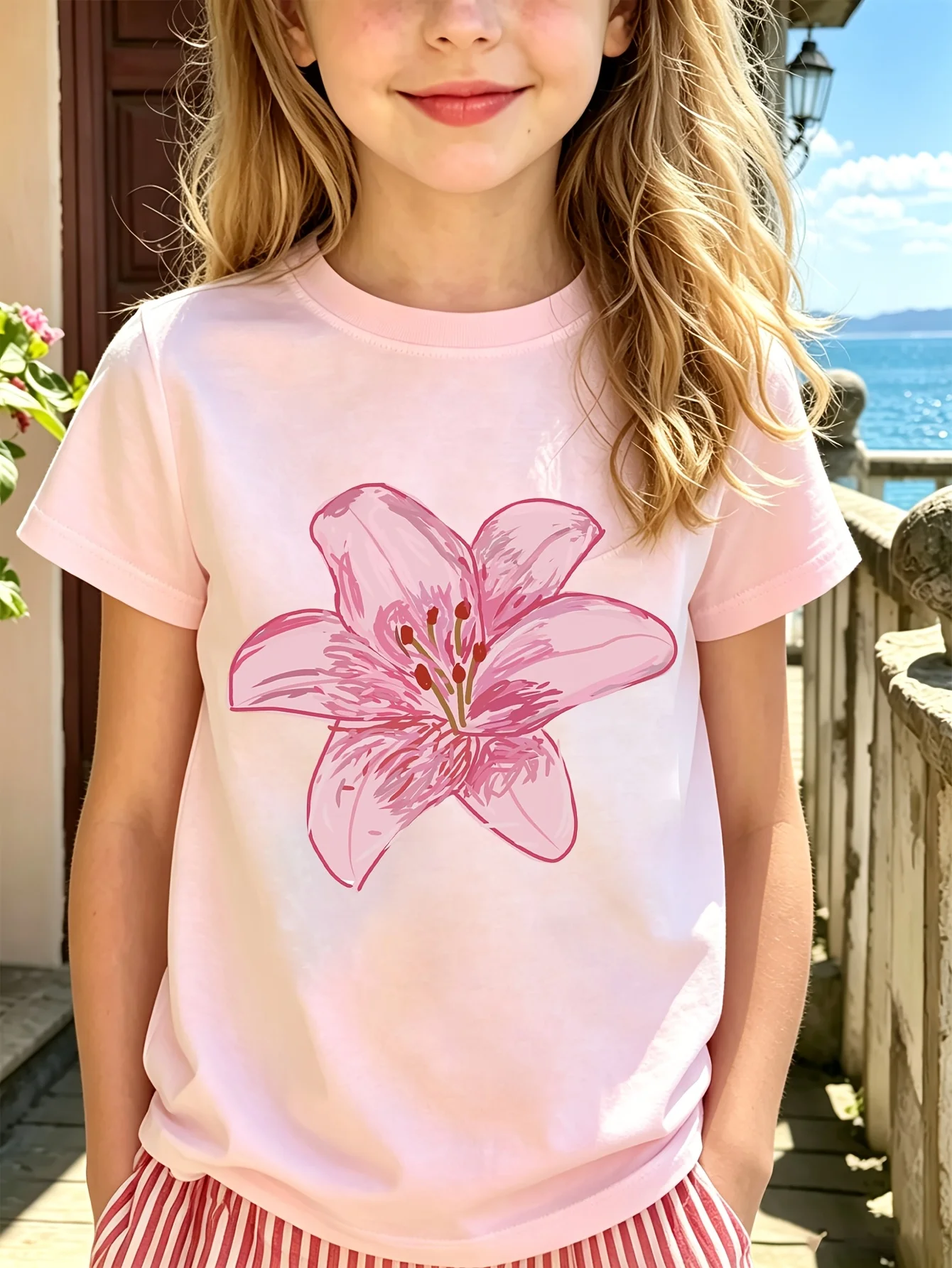 Pink Lily Flower Kids Tee Beautiful Floral Art Graphic Print Boys Girls Family Matching Cotton Short Sleeve Children Tshirt