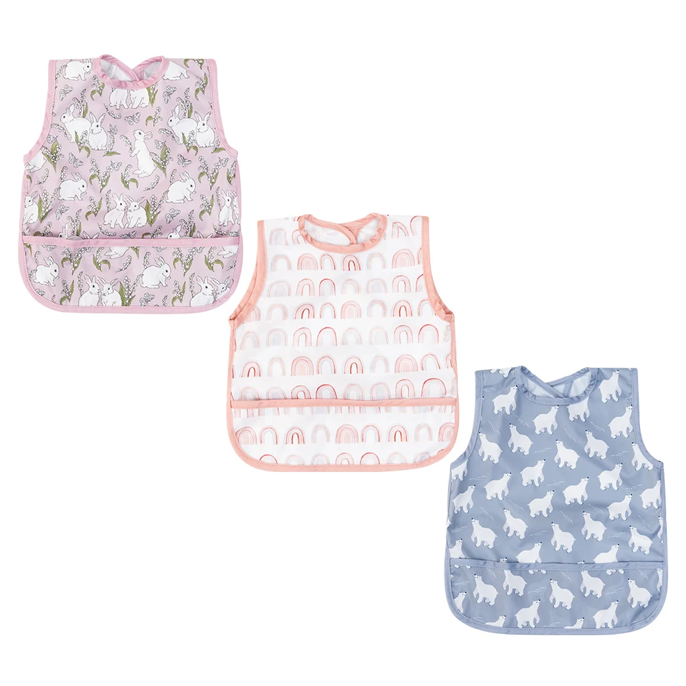 HappyFlute New Cute Print One Piece With Big Pocket Waterproof Printing Sleeveless Hook&Loop Design Reusable Baby Feeding Bibs