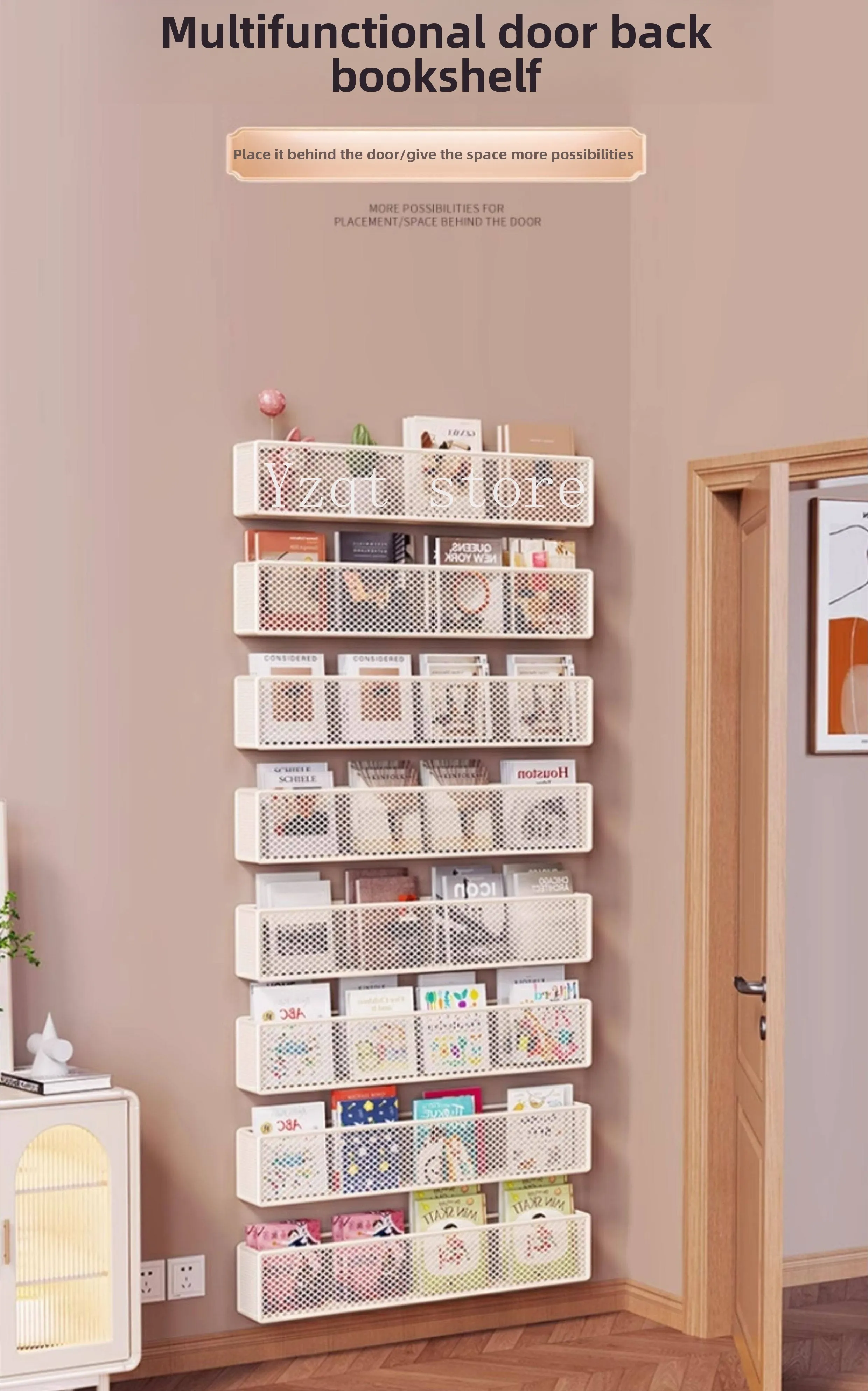 Wall bookshelf, ultra-narrow simple wrought iron children's picture books behind the door, book finishing rack, wall-mounted