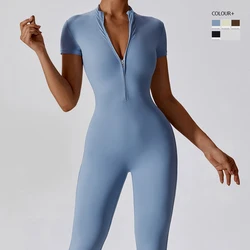 One Piece Fitness Yoga Set Women Super Soft Short Sleeve Gym Jumpsuit Super Stretch Zipper Workout Running Sportswear