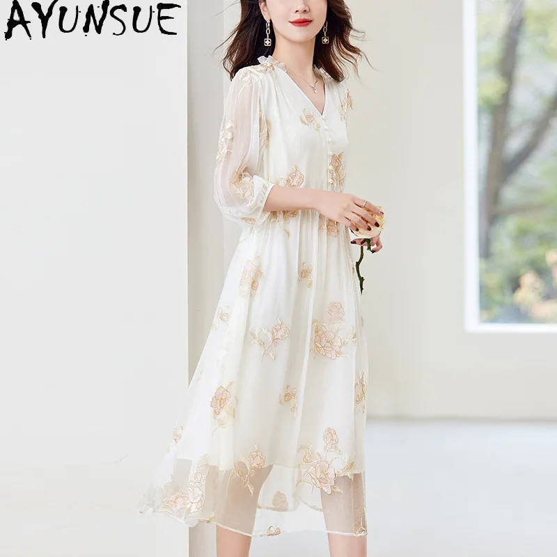 

AYUNSUE 100% Silk Women's Casual Dresses Mid-length Embroidered Summer Dresses Elegant V-neck White Dress Woman Clothes Vestidos