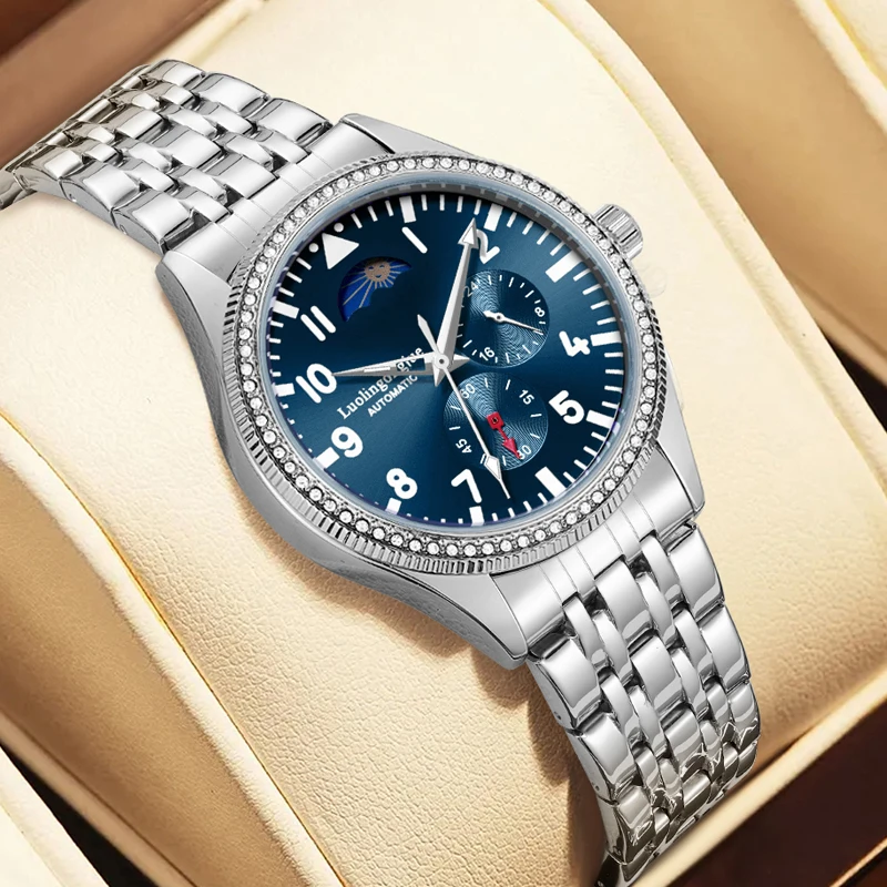 High-End Business Men's Mechanical Watch, Round Dial, Automatic Winding, Skeleton Design, Stainless Steel Strap, Multi-Functional Sub-Dial, European, American, Japanese, and Korean Style, Fashionable Accessory, Suitable for Business and Casual Wear, the Best Gift for Him