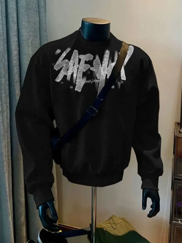 

Large Size 300 Pou fiti Letter Print round Ne Sweatirt Men's Loose Casual Long Sve Top Spring Autumn Cotton