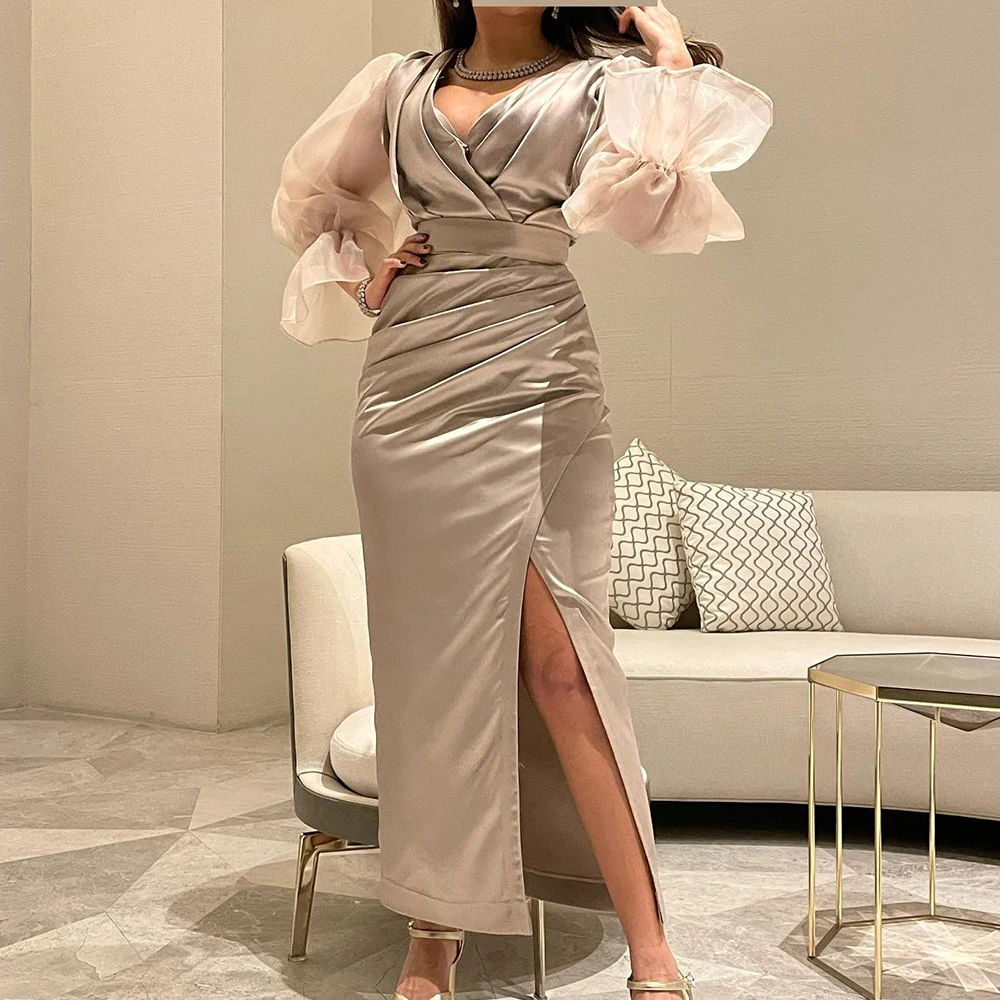 Customized Classic Ankle Length Front Slit V-Neck Pleats Belt Evening Dress Evening Dress Straight Long Sleeves Party Gown