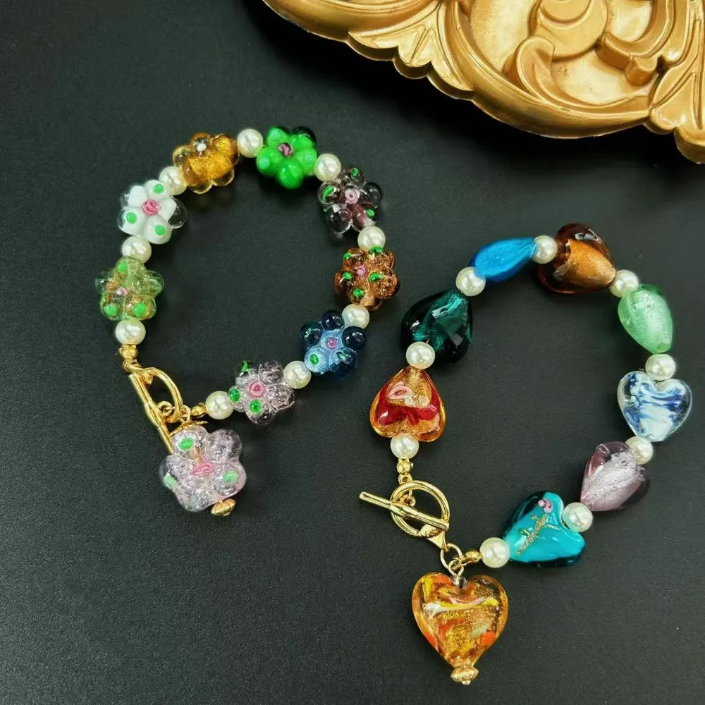 

Fairy Tale Medieval Vintage OT Buckle Bracelet Gorgeous Glazed Murano Love Flowers Charms Sweet Bracelet Bangles for Women