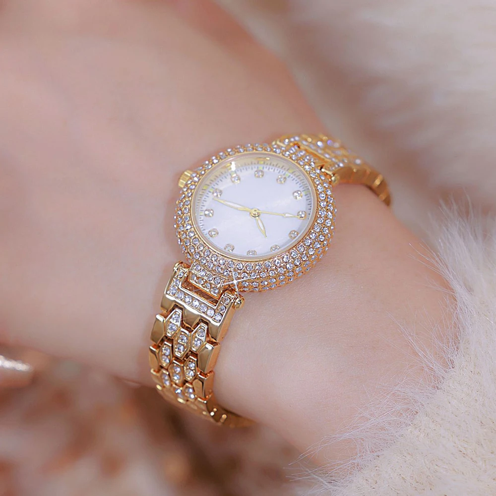 French Style Romantic Rhinestone Round Dial Quartz Watch for Women's Gold Steel Strip Waterproof Elegant Clock Relogios Feminino