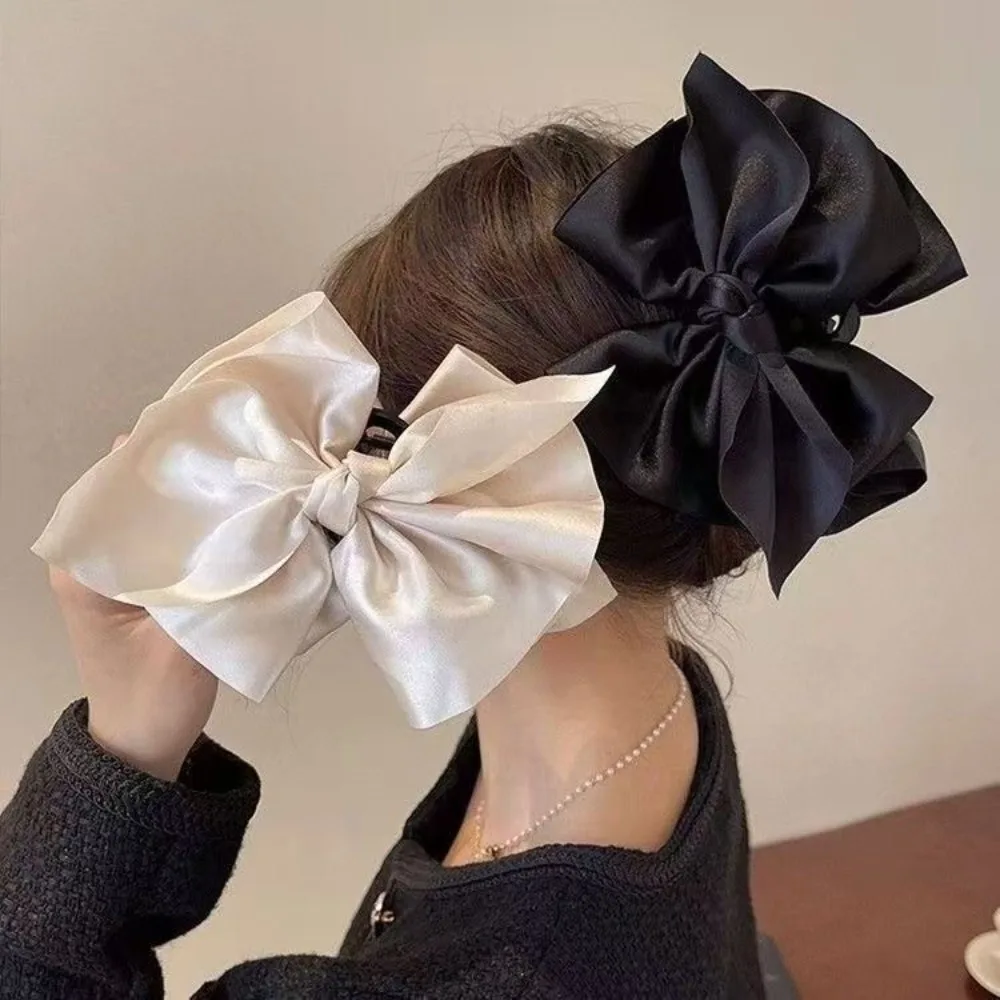 

Elegant Satin Big Bow Hairgrips Beige Black Shark Clip Grasping Clip Hair Accessories Hair Claw Women Girl Gift