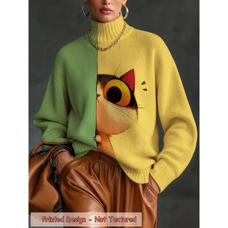 Women's Abstract Eye Colorblock Turtleneck Sweater Long Sleeve Knit Pullover Loose Soft Warm Autumn Winter Casual Fashion Top