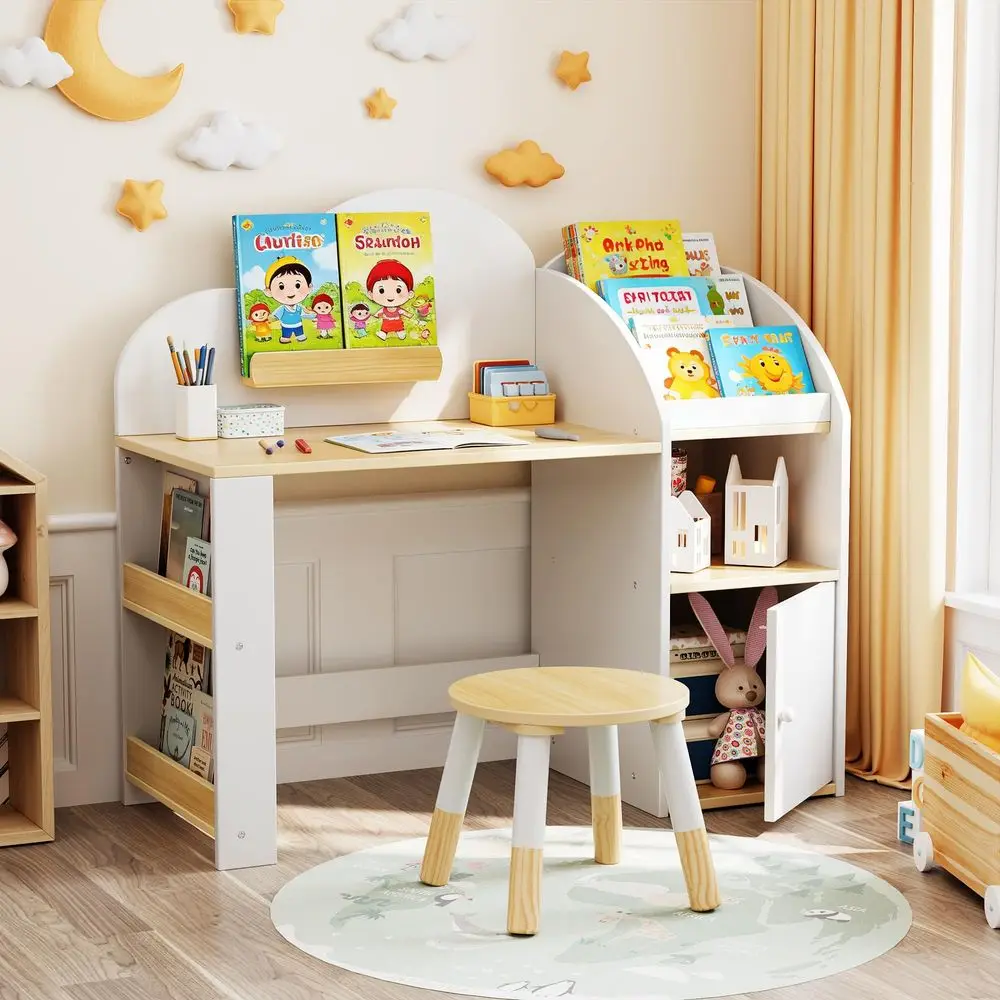 

Kids Desk and Chair Set with Storage amp 1 Stool, Wooden Kids Desk w 2 Storage Cabinets amp Bookshelves, Children Writing Drawi
