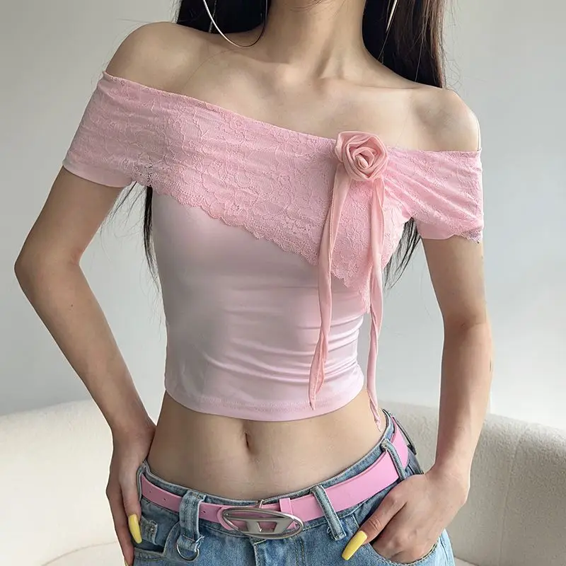 

T Shirt One-Piece Collar Patchwork Lace Three-Dimensional Flower Slim Sweet Solid Short Sleeve Women 2024 Summer Streetwear Tees