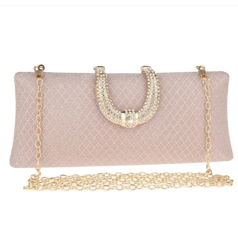 

Women Pink Glitter Evening Clutch Bag with Rhinestone Handle Luxury Gold Chain Crossbody Purse for Wedding Party Bridal Prom