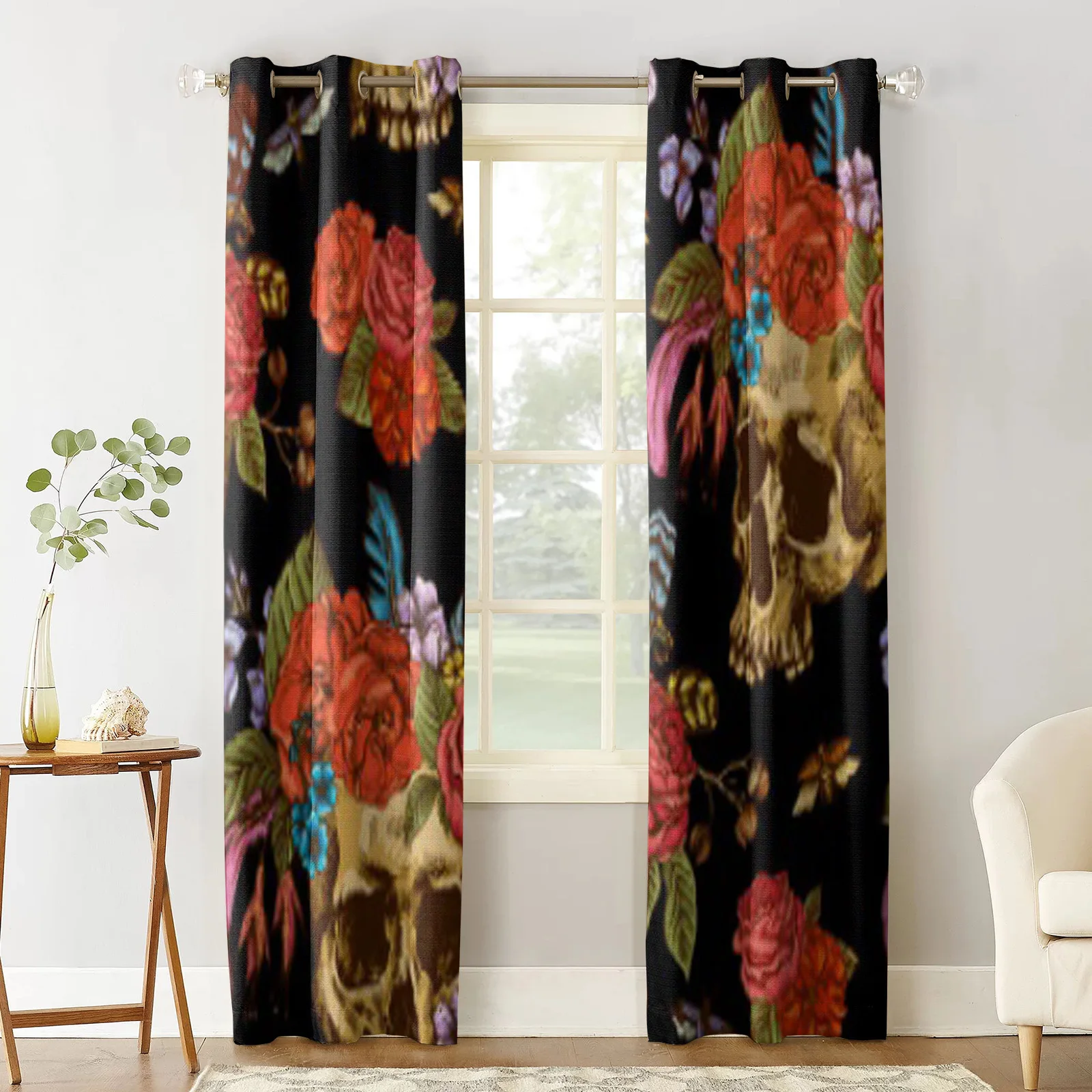 Skull And Flowers Day Of The Dead Vintage Tattoo Design Window Curtains For Living Room Bedroom Grommet Drapes Door Curtains