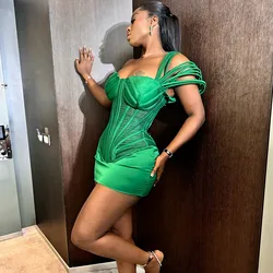 Emerald Green Sexy African Mini Women Dresses With Corset Bustier Sheath One Shoulder Aso Ebi Short Party Dress  Maxi Dress