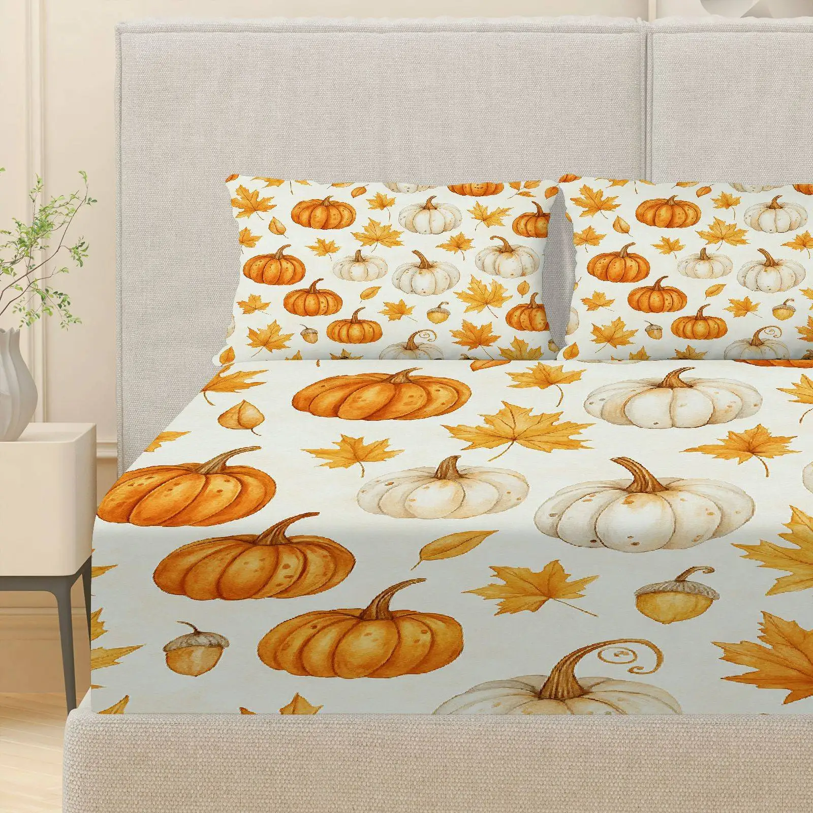 Pumpkin and Maple Leaf Autumn Bedding Set Thanksgiving Theme, Holiday Seasonal Bedding (1 Fitted Sheet + 2 Pillowcases) 3-Piece Set, 2D Flat Print Fitted Sheet, Tropical Dolphin Rainbow Theme Bedding Floral Palm Tree Print, Resort Poolside Fitted Elastic Bed Cover, Protective Cover, Mattress Protector, Machine Washable Design, Holiday Decoration, Various Sizes, Breathable Protective Cover with Pillowcase