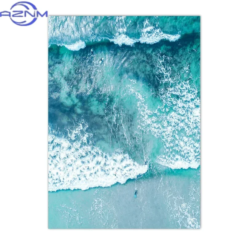 AZNM Beach Blue Ocean Wave Sea Water Surf Posters And Prints Coastal Seascape Canvas Painting Wall Art Picture Living Room Home