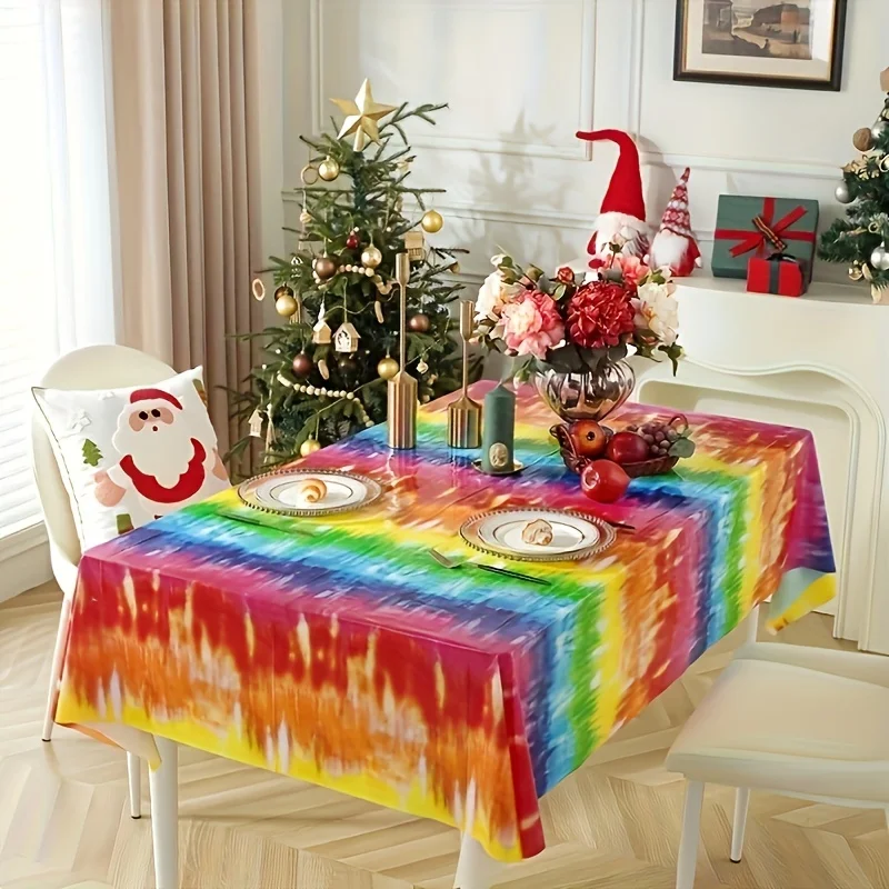 1pc, Tie-dye Tablecloth, Plastic Tablecloth, Rectangular Tablecloth, Party Tablecloth, Party Rainbow Tablecloth