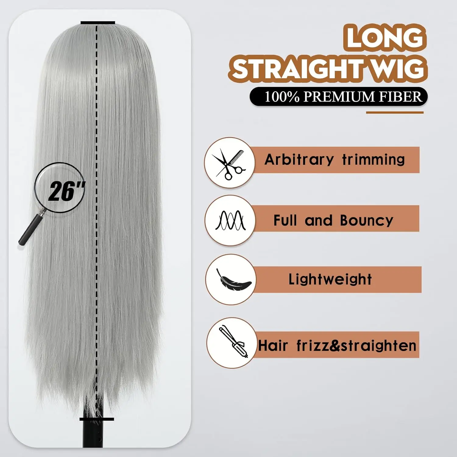 Peluca sintética plateada y blanca, flequillo recto naturalmente largo en la parte media de las mujeres, tocado resistente al calor para uso diario en fiestas