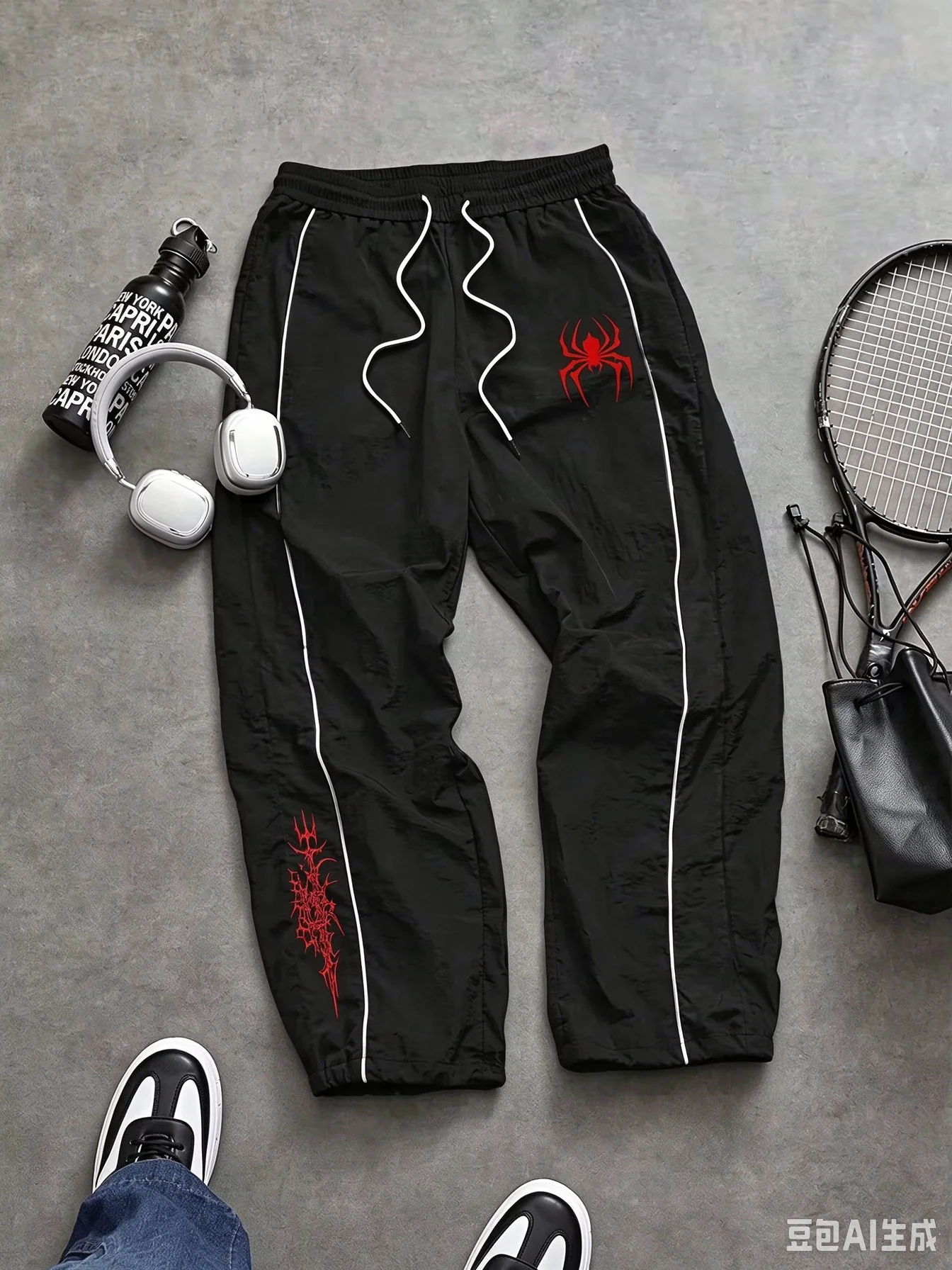 Unisex Red Spider Spiderweb Graphic Parachute Pants White Side Stripe Y2K Gothic Hip Hop Streetwear Quick Dry Trousers Pockets