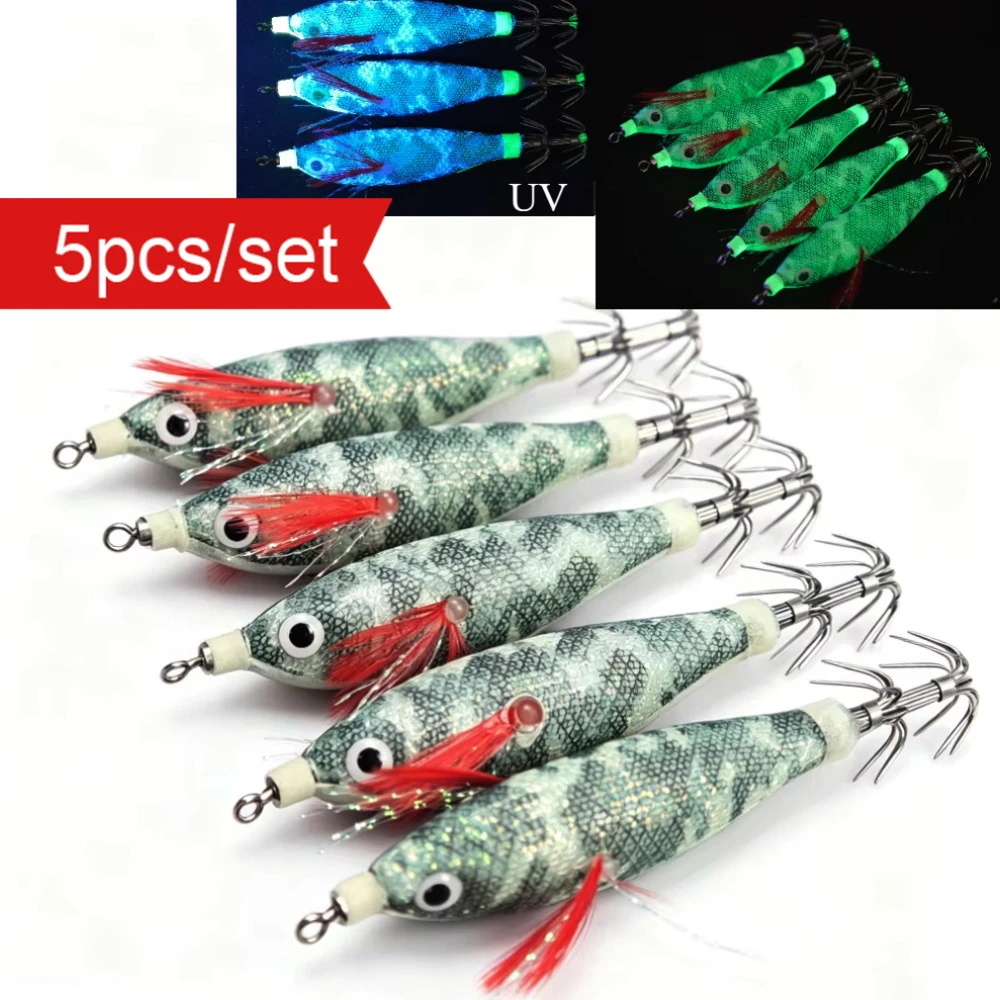5pcs/set 8cm Luminous Squid Jig Hook Shrimp Prawn Lure Shrimp Fishing Lures Saltwater Fishing Horizontal Squid Jig Egi Set