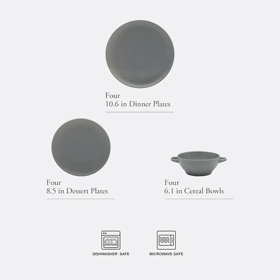 Conjunto de louça de grés Clover Hill, 12 peças, azul escuro, placas e tigelas em relevo com serviço de esmalte reativo moteado fosco para