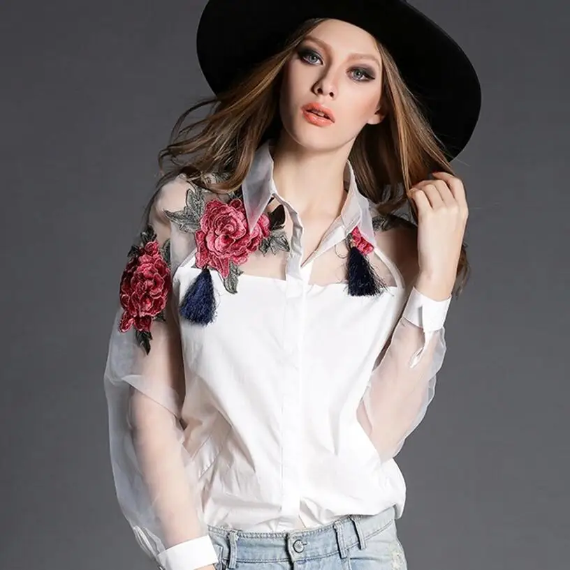 Blusa de manga larga con bordado de flores para mujer, camisa elegante de Organza, informal, talla grande, S-3XL