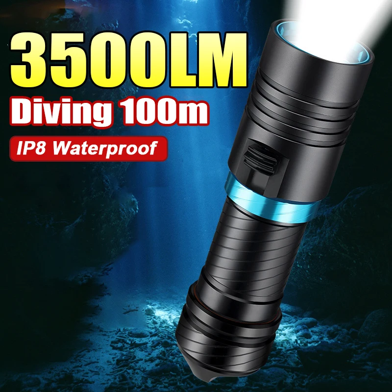 

3500lumen Super Bright Led Diving Flashlight IP8 Waterproof Professional Diving Torch 18650 Rechargeable High Power Diving Light