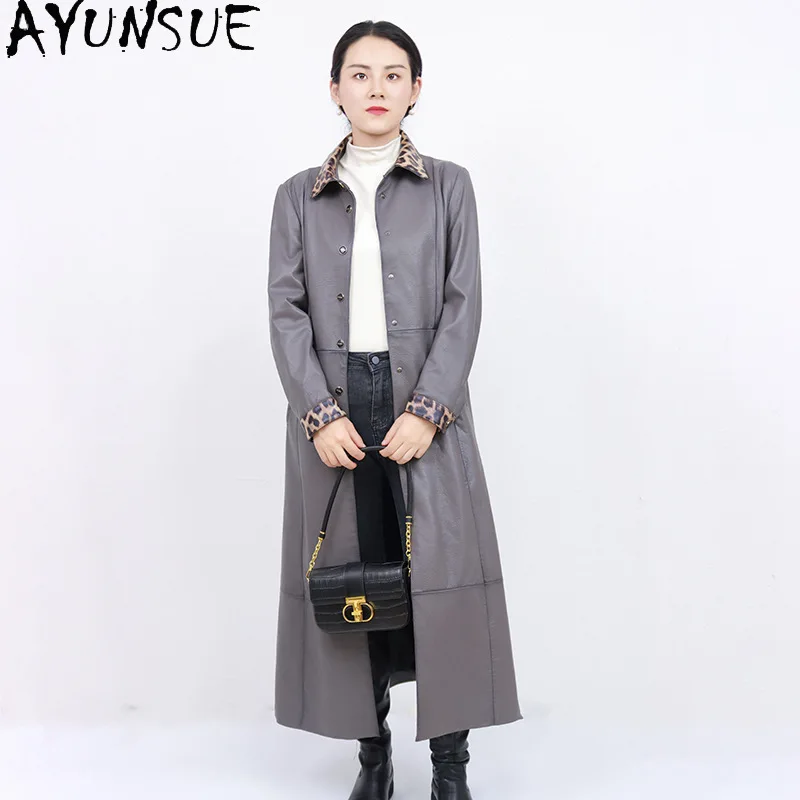 AYUNSUE リアルレザージャケット女性トップ層シープスキンレディースコート 2025 秋の女性の服ロングトレンチコート Jaqueta デ Couro
