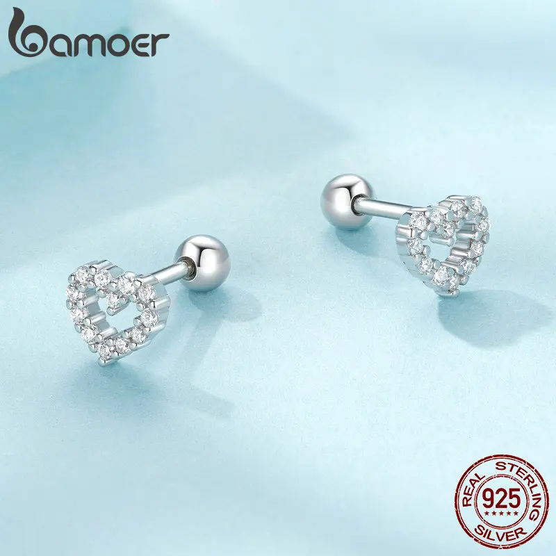 BAMOER Authentic 925 Sterling Silver Stud Earrings for Women Cute Heart Earrings Shiny Clear CZ Wedding Engagement Jewelry