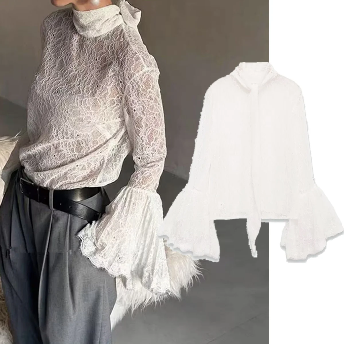 

Jenny&Dave Spring Clothing French Fashion Lace Mesh Elegant White Shirt With Flared Sleeves Blouses Women's Clothes Shirts Tops