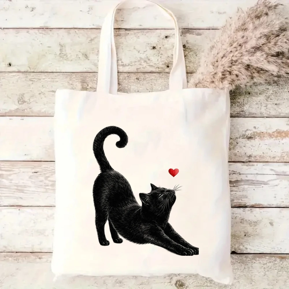 2026 New Style Canvas Tote Bag Black Cat Stretching with Red Heart Print Handbags for Daily Shopping Tote Bags for Women