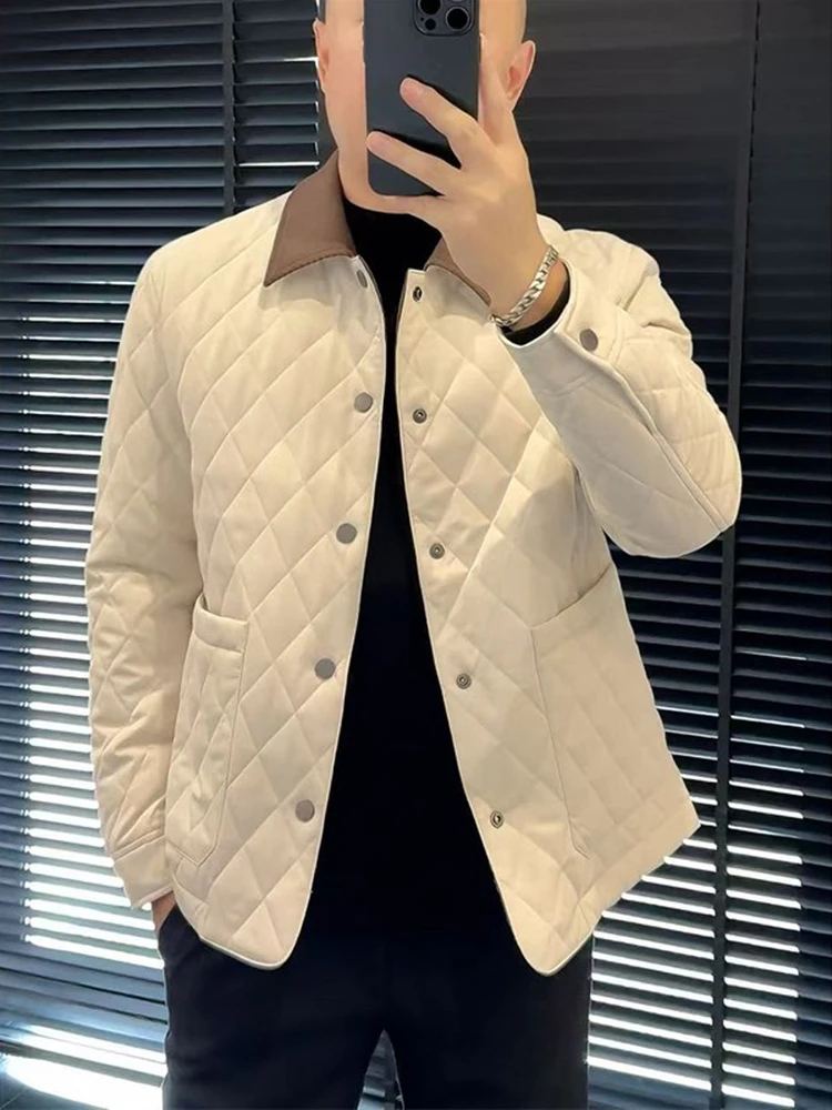 

Мужская хлопковая куртка свободного кроя с ромбовидным узором и отложным воротником, трендовая повседневная верхняя одежда, легкая, класса люкс, коллекция Осень 2025