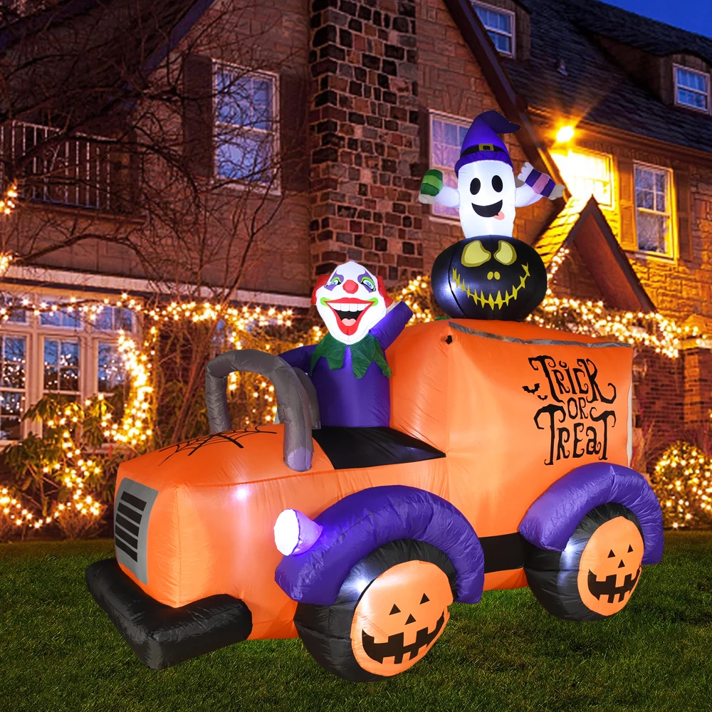 Camion gonflable géant d'halloween, Clown gonflable, conduite de voiture Pumkpin, LED intégrées pour cour extérieure, pelouse, décoration de fête de vacances
