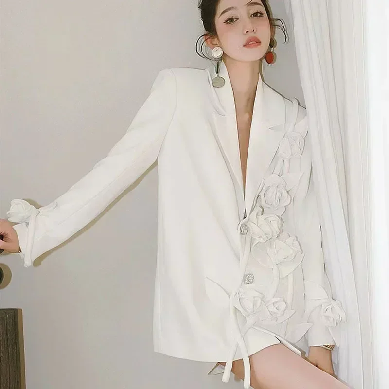 Plus Size 2024  All Season Women New Fashion Notched Long Sleeve 3d Rose Flower Appliques Button Loose Casual White Blazer