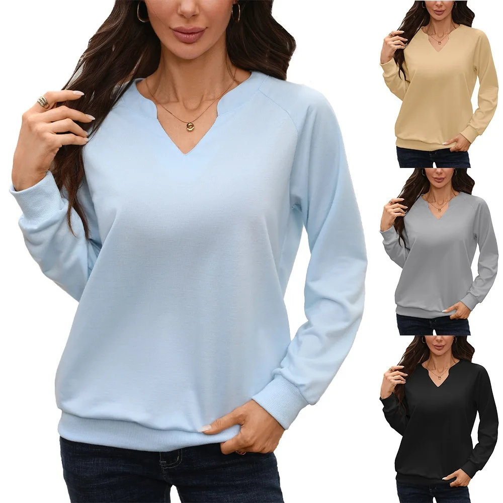 Spring Autumn Solid Vertical Ribbed Top Women Notch V Neck Raglan Long Sleeve Loose Versatile Basic Top