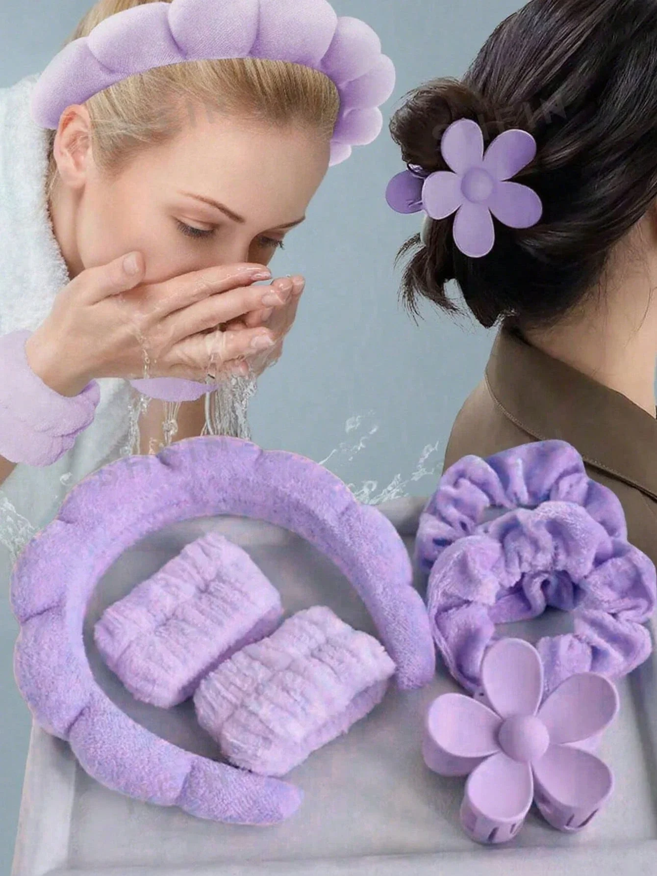 

Набор из 6 предметов: повязки для СПА, резинки для волос, заколки-крабы, бархатные резинки для волос, повязки на запястья. Подходят для очищения лица, ухода за кожей, макияжа.