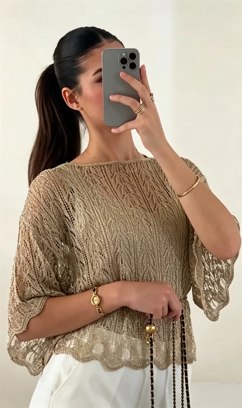 Guobioziy Women's Knit Sweater 2026 Fall New Arrival with Belt, Drop Shoulder Sleeves, Metallic Thread Trendy Casual Top
