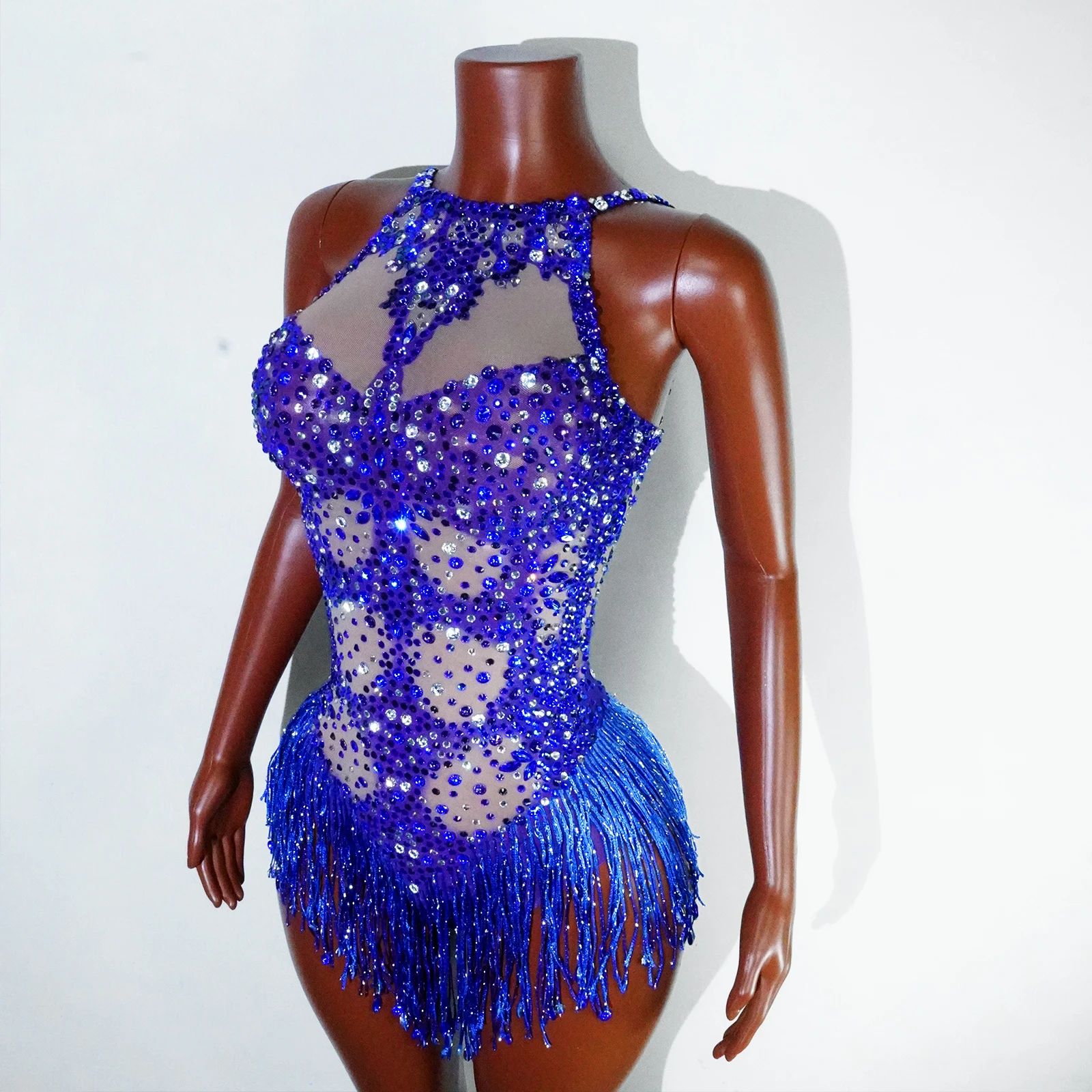 Women Sexy robe Backless blue Rhinestone High Stretch Bodysuit Evening Party Nightclub Singer Dancer Stage Performance dress