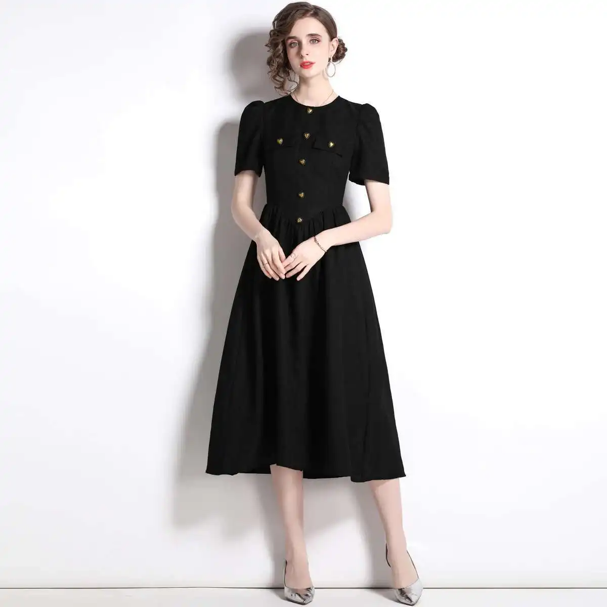 Zomer Herfst Hartvorm Knoop Hepburn Stijl Zwarte Midi Jurk Vrouwen Korte Mouw Kantoor Lady Party Prom Vestidos Lang