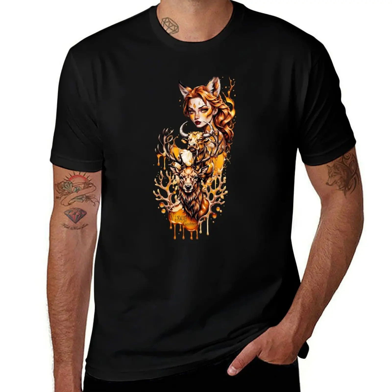 Vixen Stag and Bull Honey drip T-Shirt Casual Minimalist Short Sleeve Top