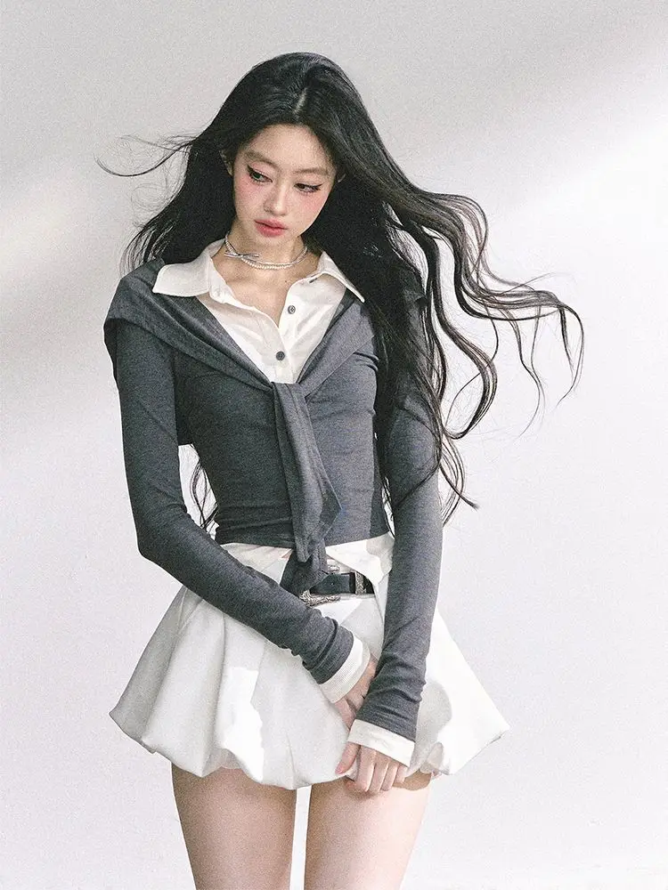 Korean Retro Fake Two-piece Shirt+flower Bud Skirt Set Women Slim Long Sleeved There Shawl Top Fashion Leisure Commute Style