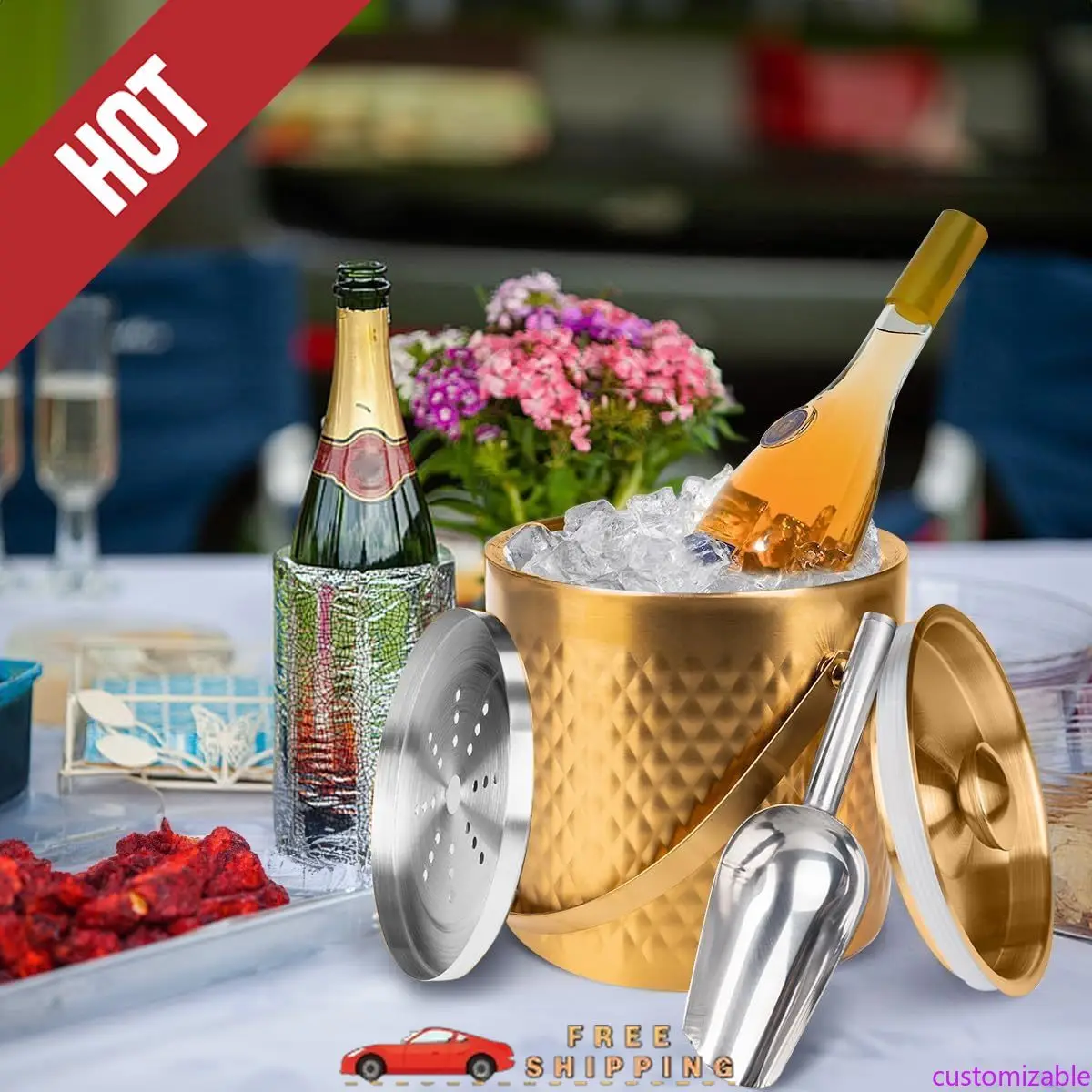 

Customizable 3L Double-Wall Insulated Stainless Steel Ice Bucket with scoop for Cocktail Bar - Metal Ice Bucket for freezer with