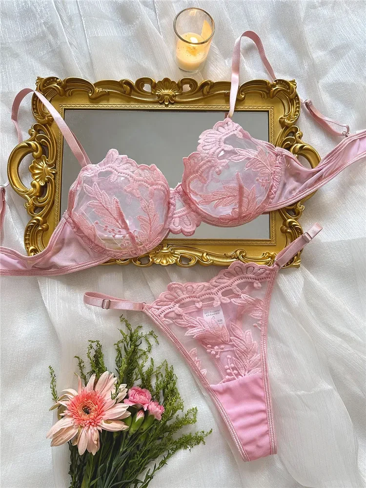 

Bra Brief Sets Female Embroidery Transparent Sexy Romantic Lingerie Pink Lace Underwear Flowers Sensual See Through Exotic Sets