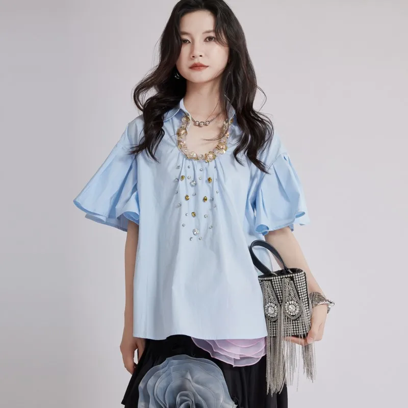

Johnature 2025 Summer New French Exquisite U-neck Beaded Blouse Loose Simple Fashion Tops For Women