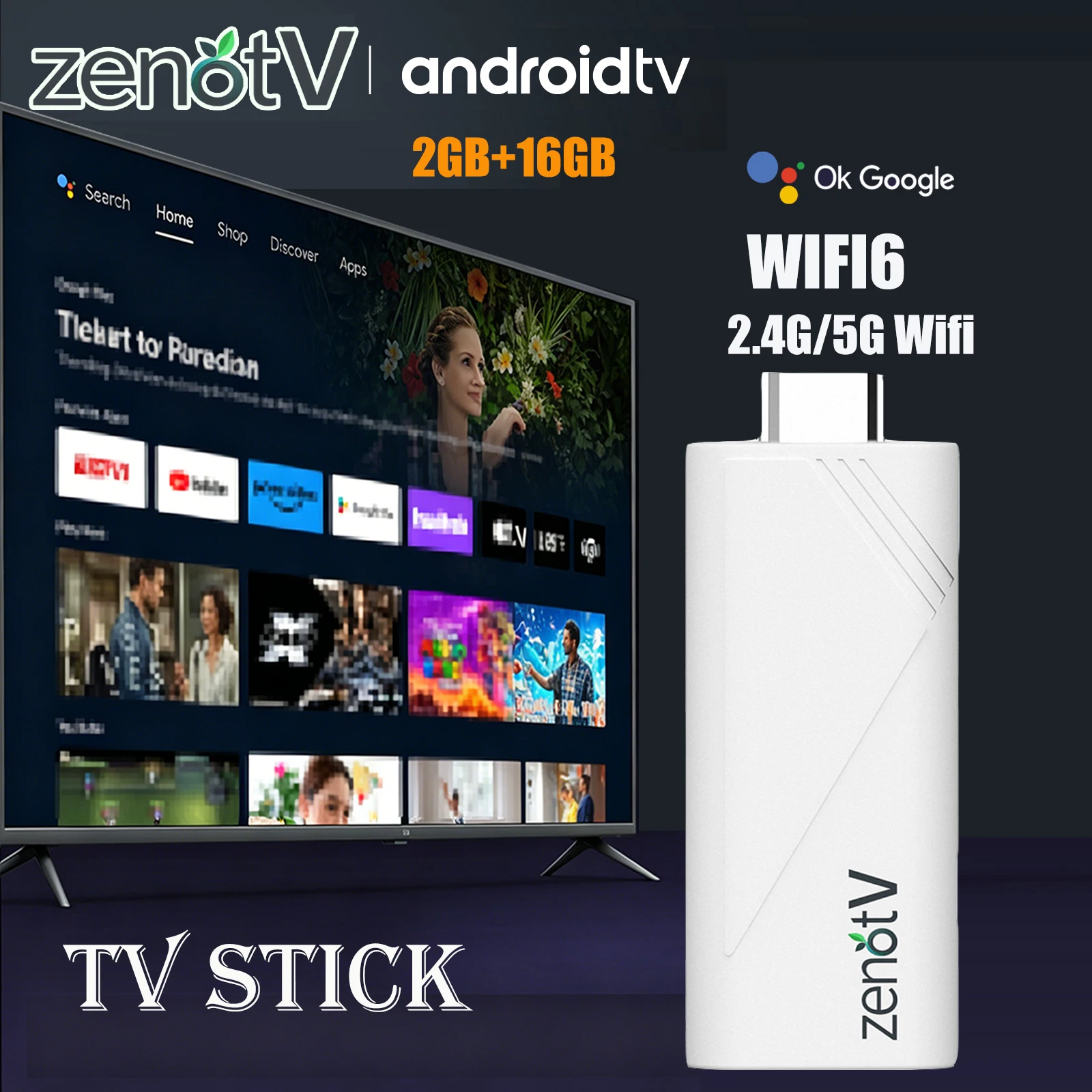 ZENOTV Android 10 TV Stick Allwinner H313 Quad Core 4K 2.4G 5G Wifi 3D Control Remoto por Voz ROM 16GB