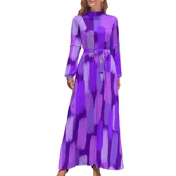 Purple Paint Brush Dress Abstract Art Street Fashion Bohemia Dresses Woman Long Sleeve High Waist Modern Long Maxi Dress