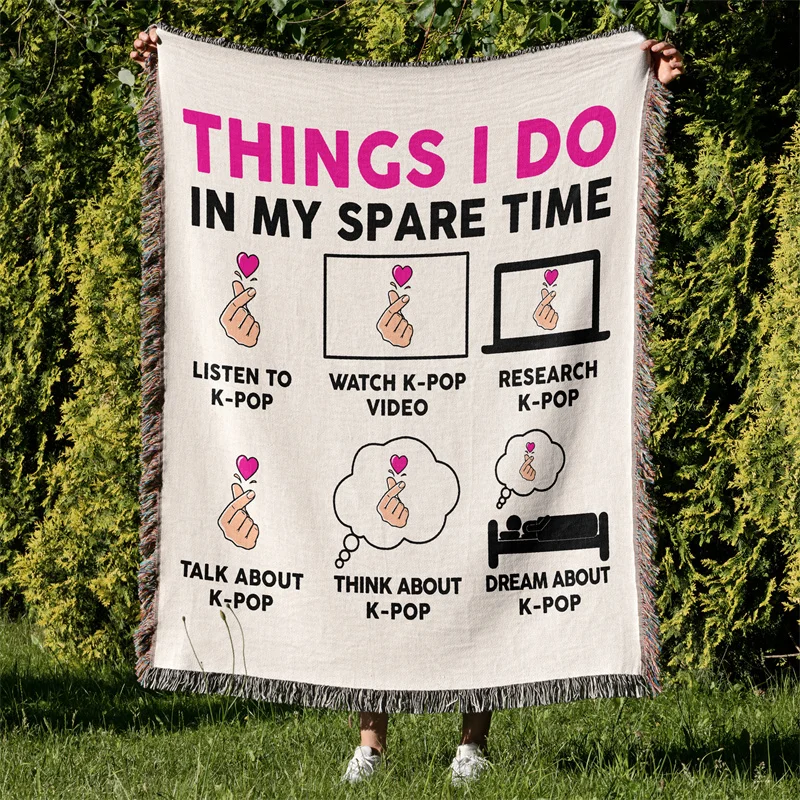 Gaslight Gatekeep Girlboss Eat Sleep K-pop Repeat Things I Do Korean Lover Jacquard Fringed Woven Throw Blanket with Tassel