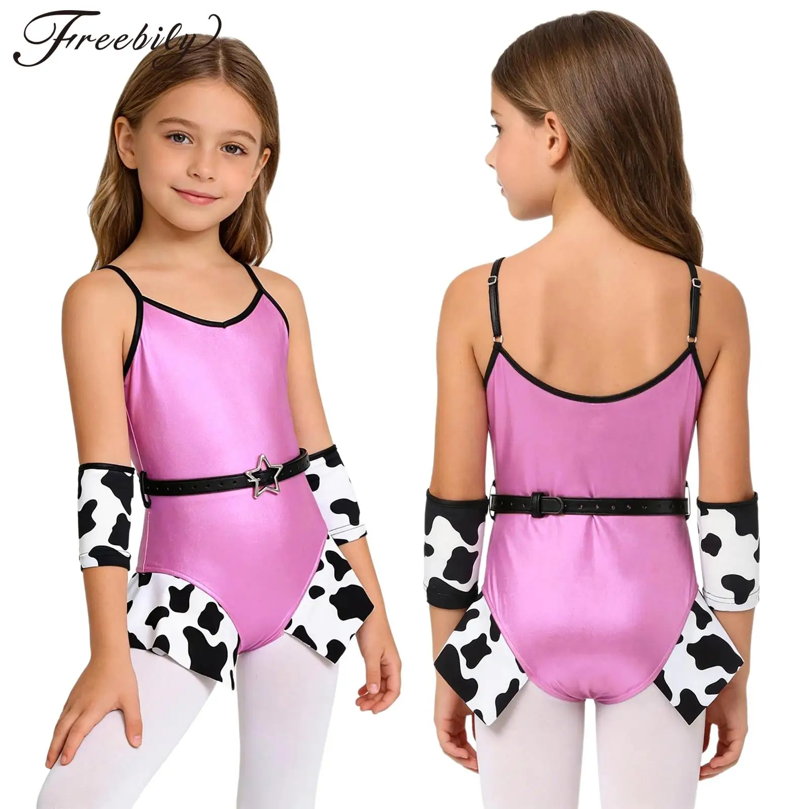 

Girls Cowgirl Costume Jazz Dance Outfit Metallic Shiny Cow Print Leotard with Arm Sleeves for Halloween Carnival Theme Party