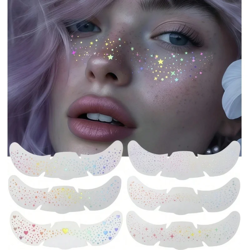 6 Sheets Holographic Glitter Freckle Tattoo Stickers Heart Pattern Sparkly Face Decor Stickers Waterproof Long Lasting Temporary